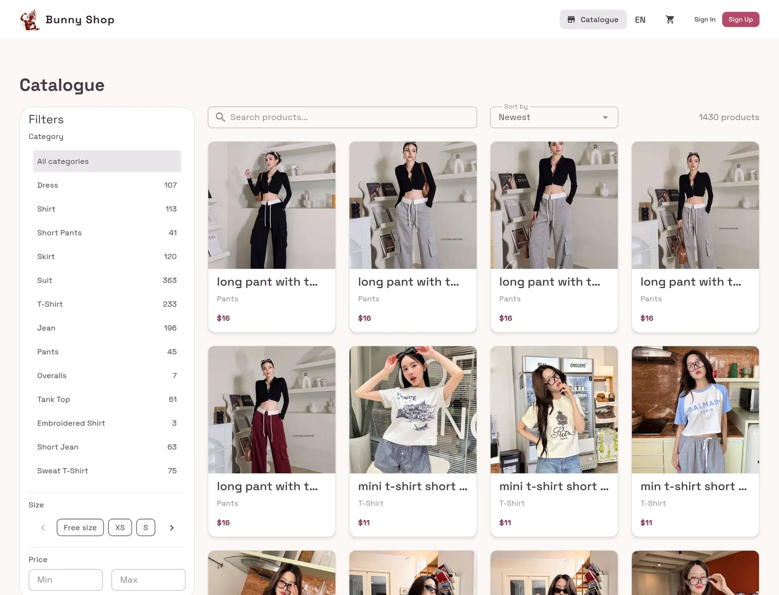 Bunny Shop — catalogue avec filtres par catégorie et grille de produits