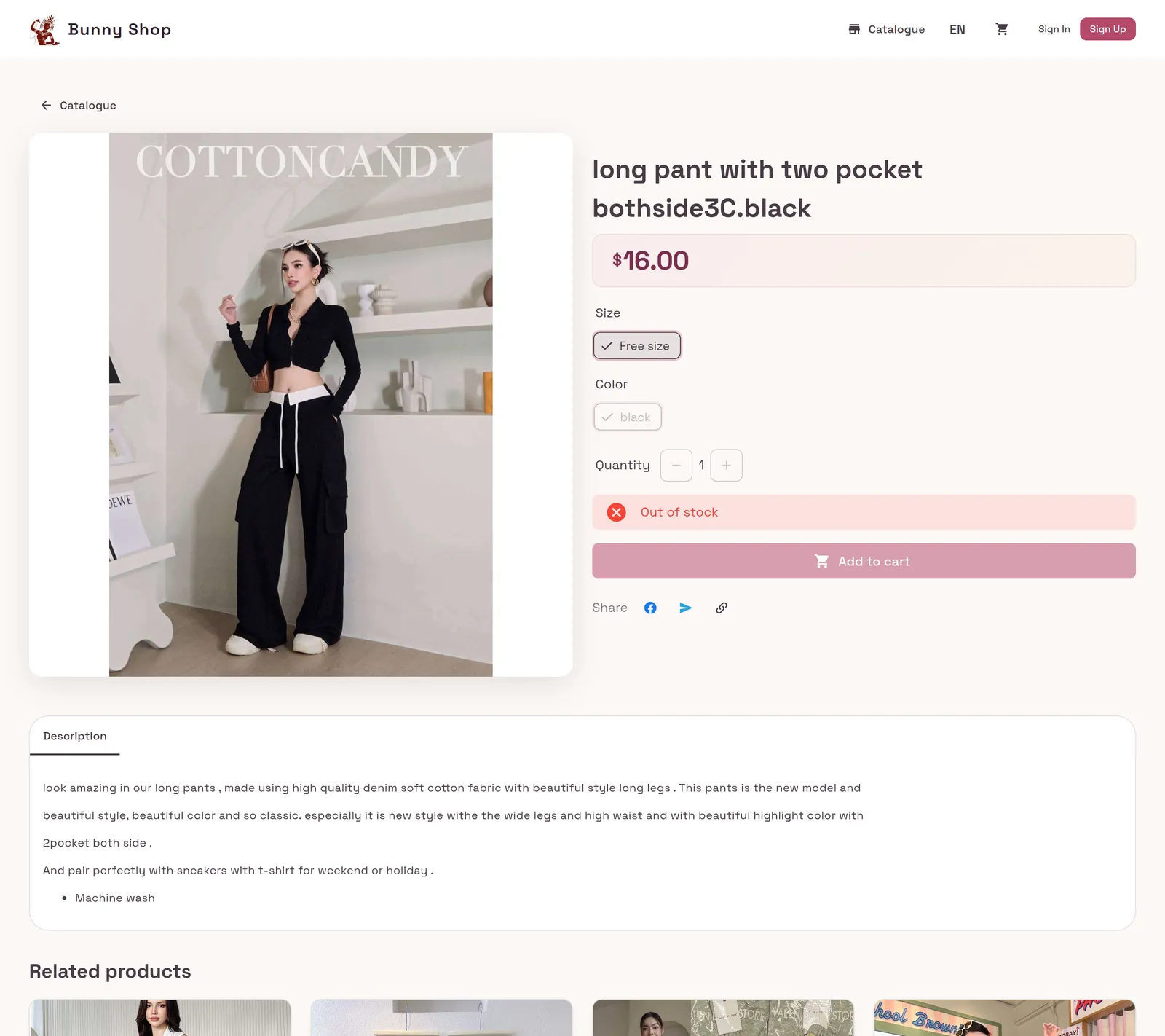 Bunny Shop — fiche produit avec photo, prix et options