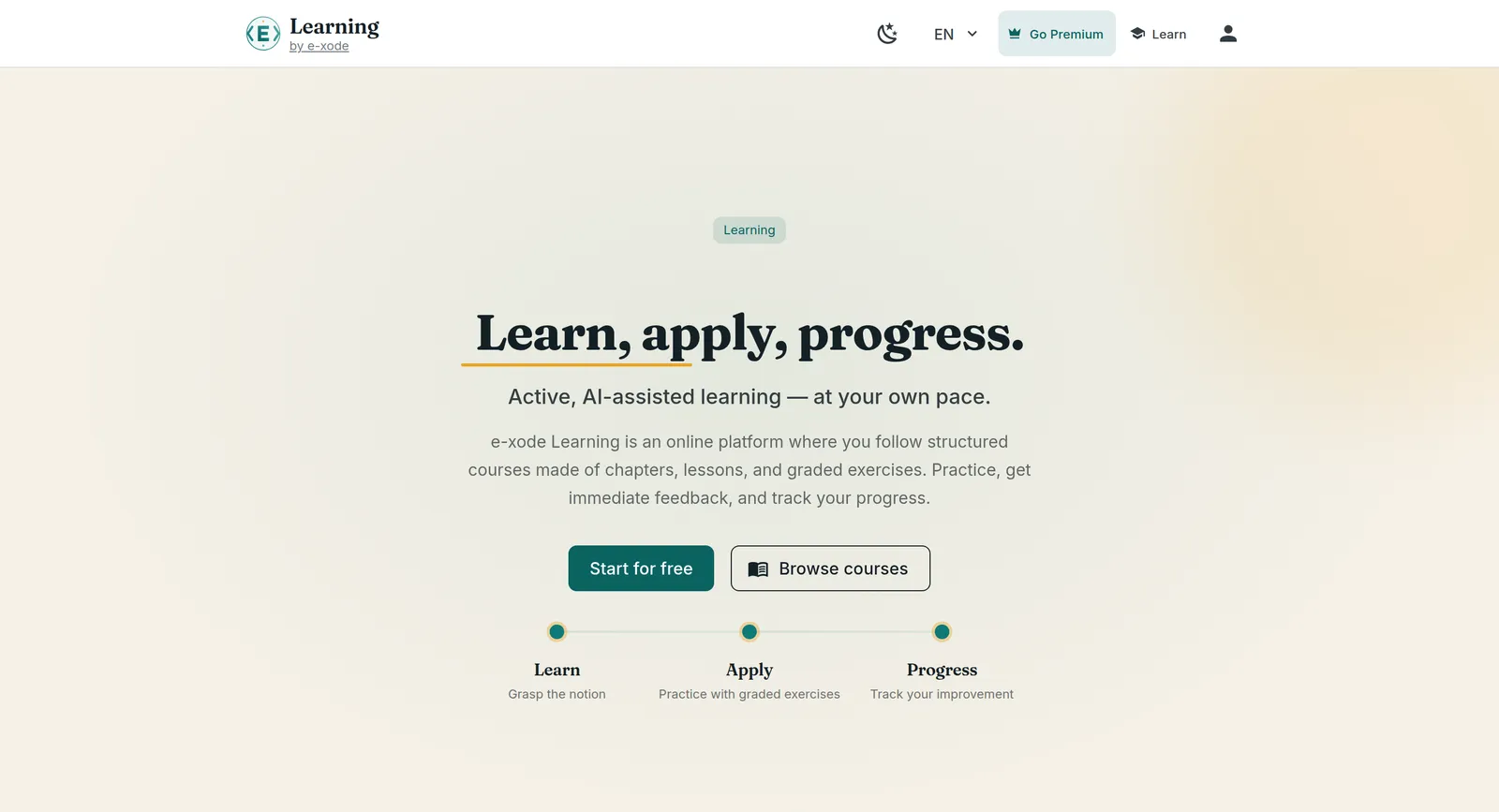 e-xode Learning — page d'accueil : « Apprenez, appliquez, progressez » et grille des fonctionnalités
