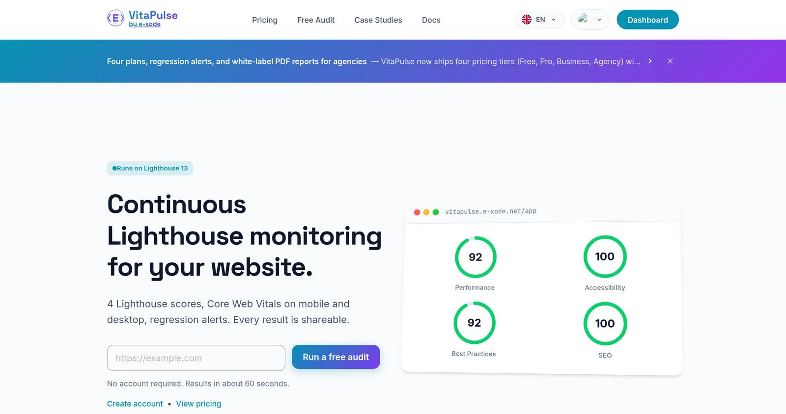VitaPulse — page d'accueil : monitoring Lighthouse en continu