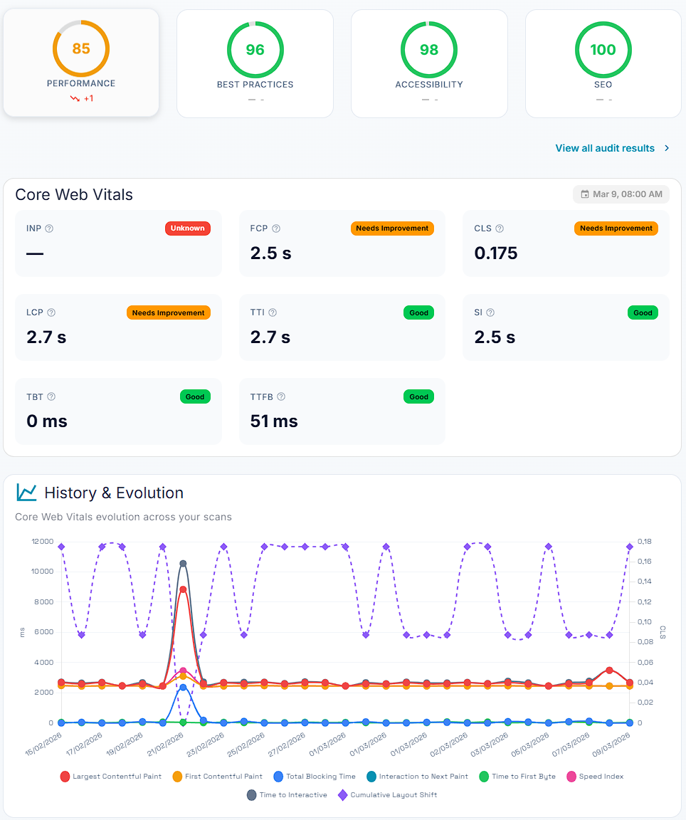 VitaPulse — scores Lighthouse et métriques Core Web Vitals détaillées